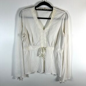 TALL GIRL White Lace Trimmed V Neck Long‎ Sleeve Peasant Top M vintage Y2K boho